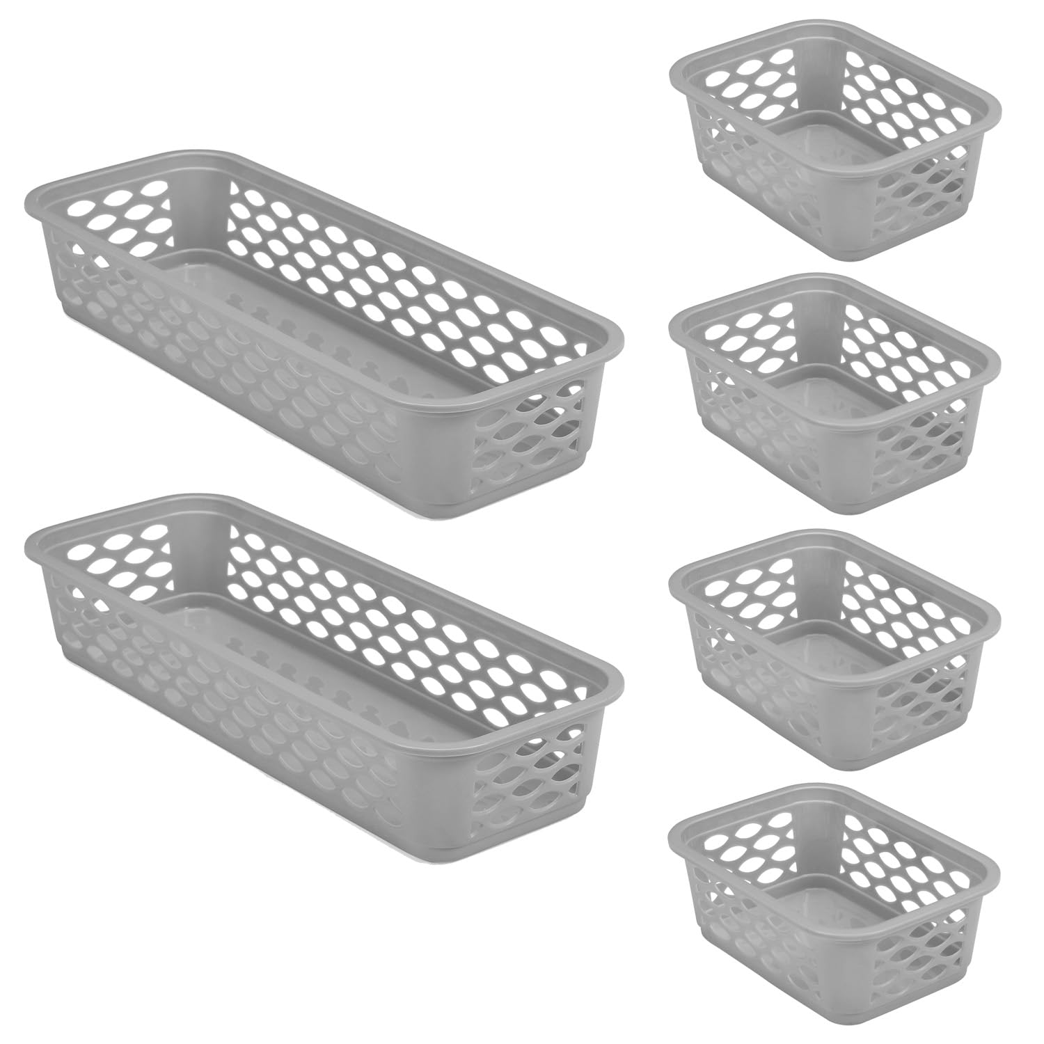 RATAN PLASTICWARE Diana Tray Baskets Pack of 6 (Small X 4+Narrow X 2) - (Grey) | Desk Basket/Organizers for Stationery, Jwellery, Tools, Cabinet organizer for Bedroom or Washroom, Kitchen, Office (B0DDXSKHKZ) Amazon Price History, Amazon Price Tracker