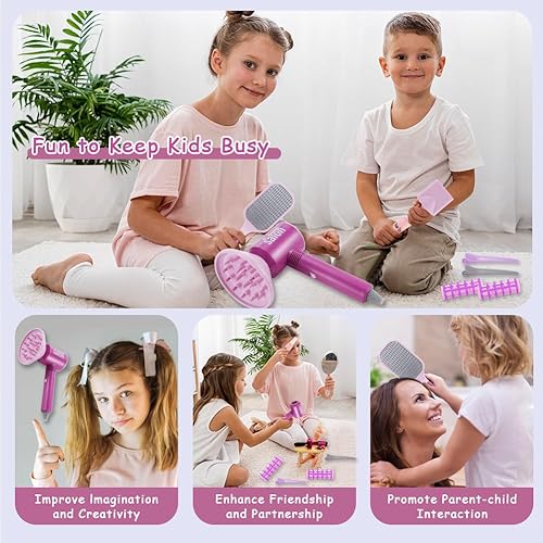 Miniatura 6 de Lflwacy 15 piezas de juguetes de peluquería para niñas, kit de juguetes de salón de belleza para niños, juego de peluquería con secador de pelo,