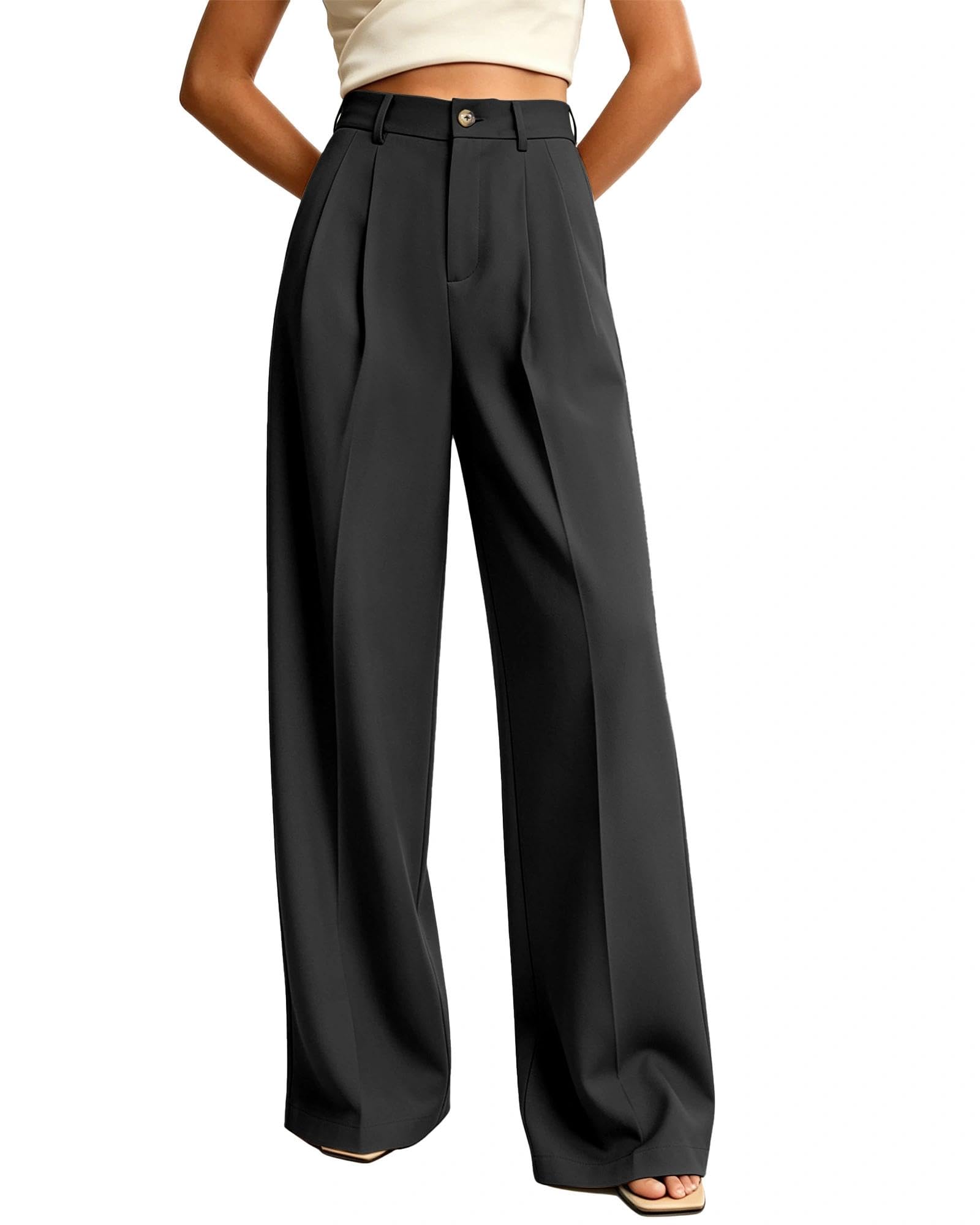 JUOIANTANG Damen Anzughosen hoch Taille Bundfalten Business Casual Palazzohose mit weitem Bein und Taschen Frauen Stoffhosen