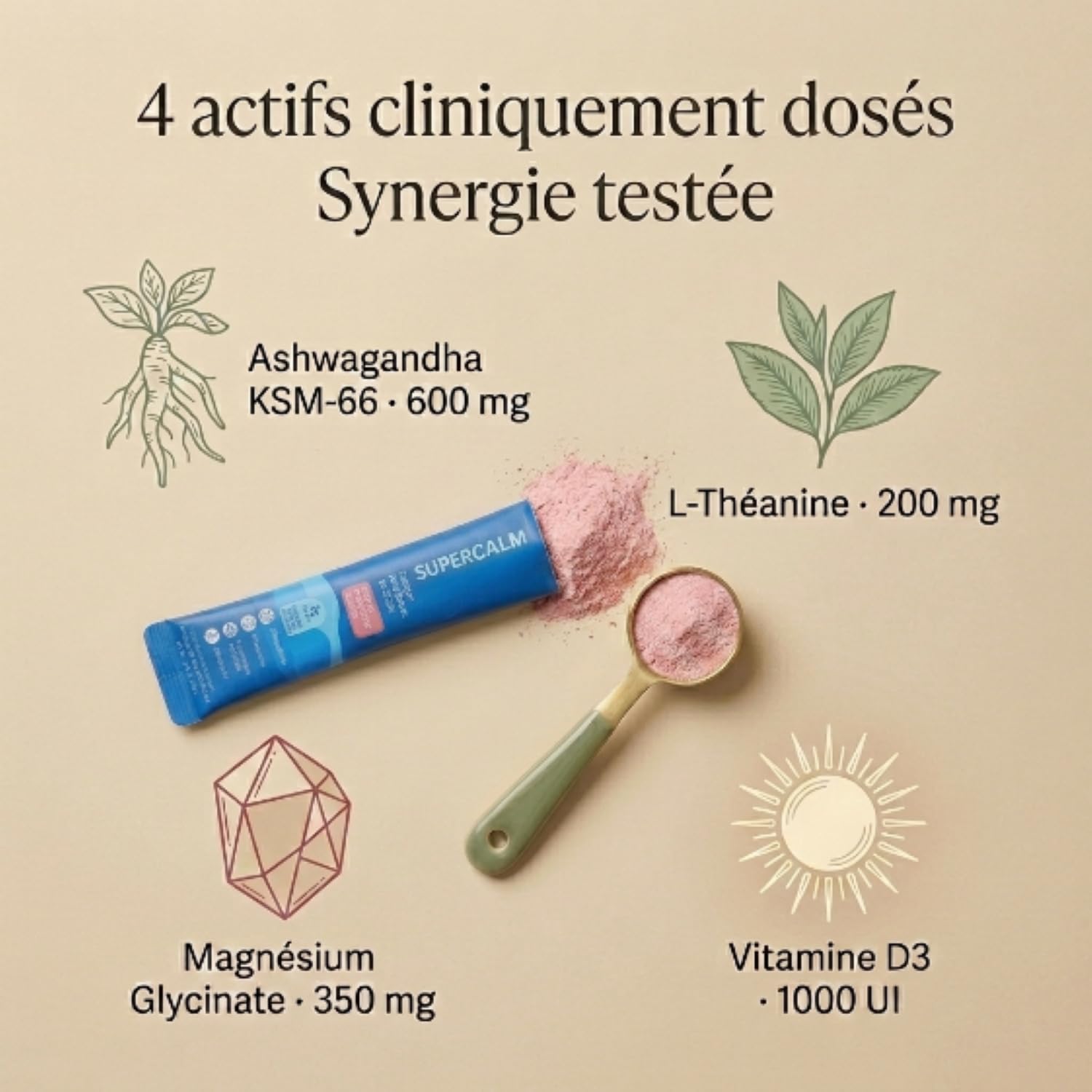 SuperCalm Cortisol Anti Stress | Formule Ashwagandha, L-Theanine + Magnésium Glycinate & Vitamine D3 | Apaise le stress quotidien | 0 Sucre Goût Framboise 100% naturel | Routine simple et agréable