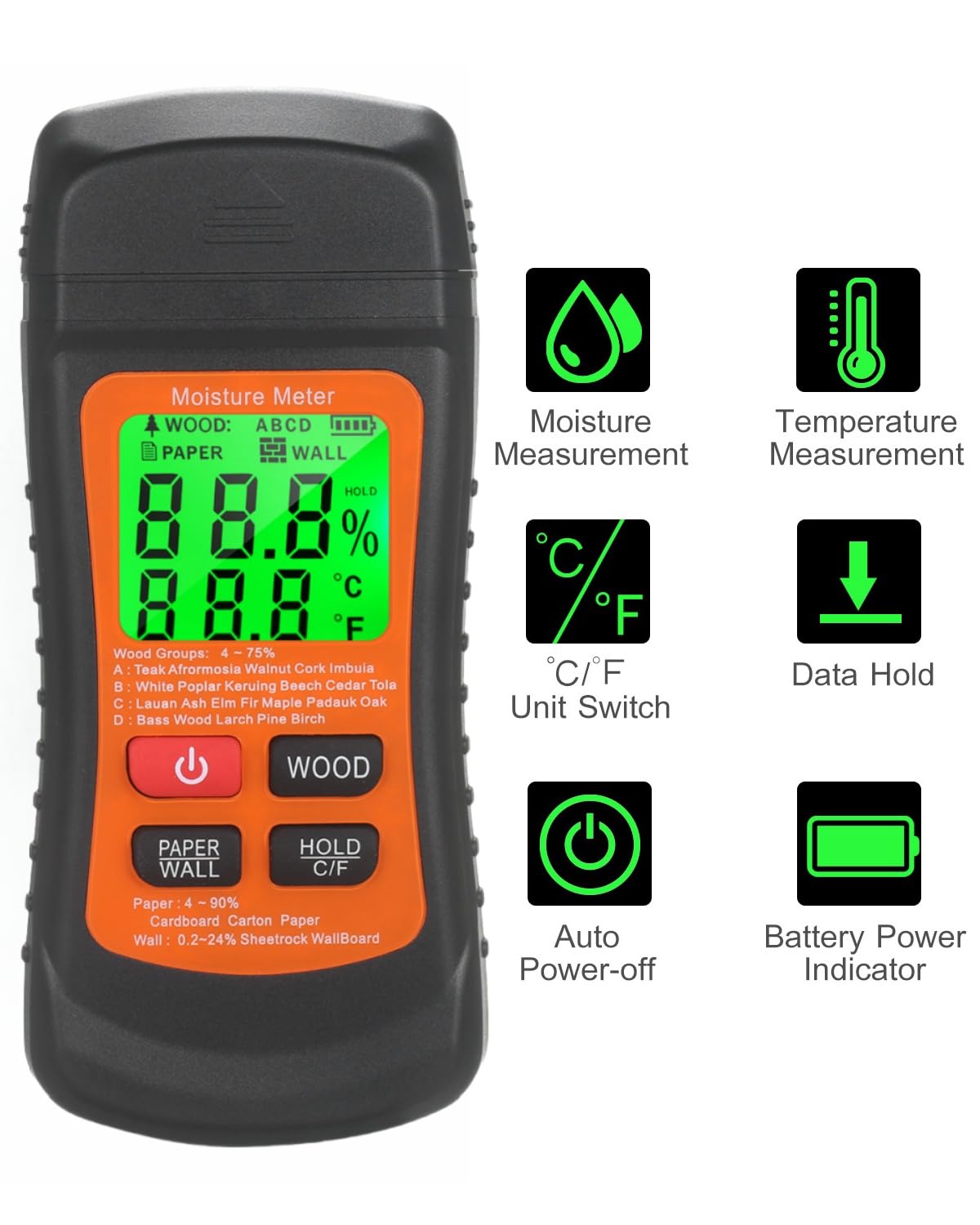 Moisture Meter for Wood, Wall, Paper, with Backlight LCD Display, 7 Modes, Pin-Type Water Leak Detector