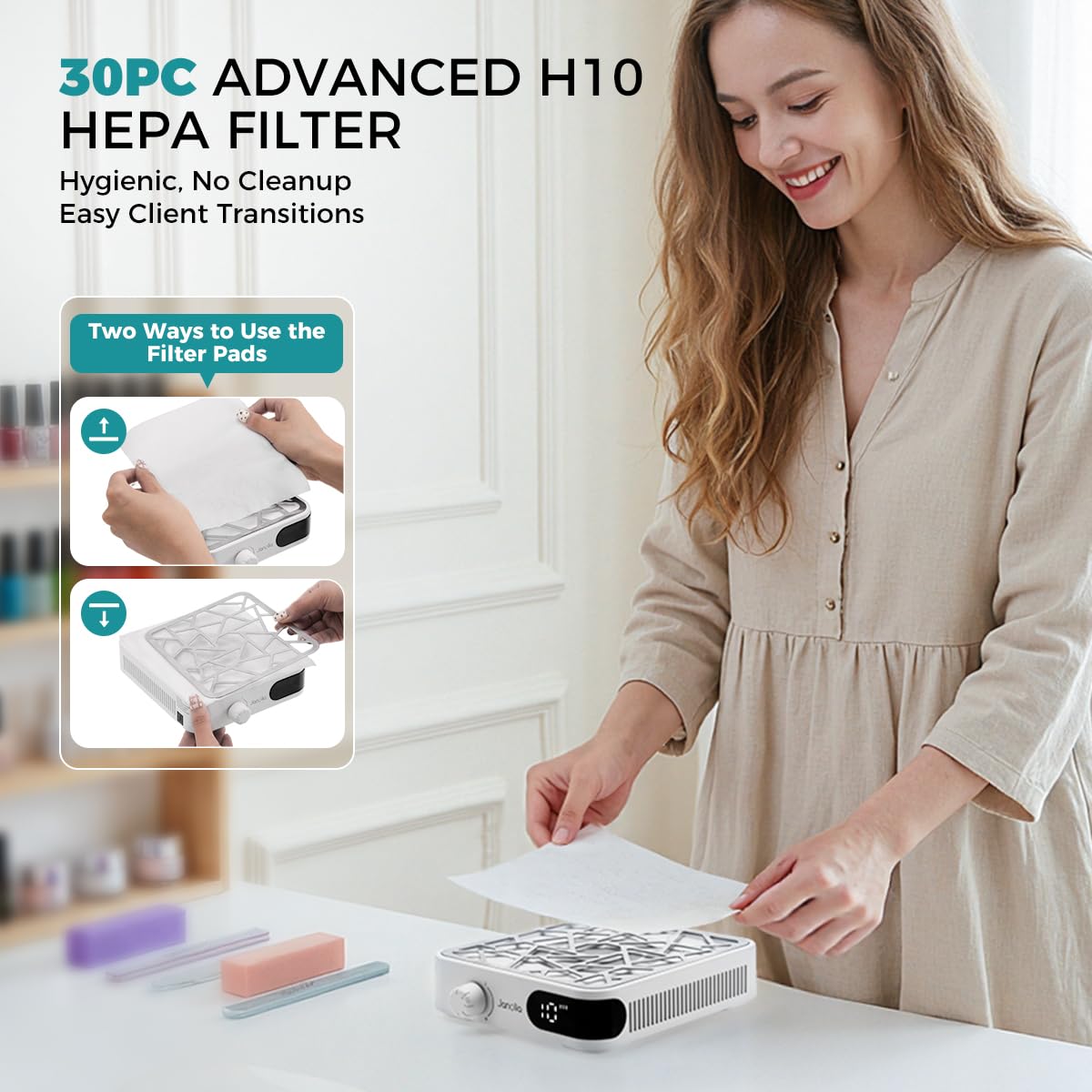 Janolia Aspirateur Ongle sans Fil - 6000 TR/Min & Réglage en 10 Niveaux, avec 30 Filtres en Papier pour Salon et Maison