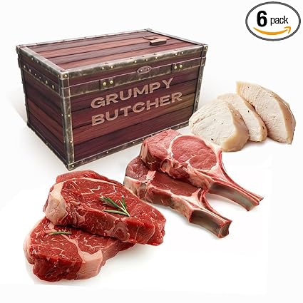 Grumpy Butcher Box Meat Food Gifts: 2 Top Sirloins Steaks (6 oz), 2 Duroc Bone in Pork Chops (14 oz) & 2 Large Fully-Cooked Chicken Breasts (14 oz each)