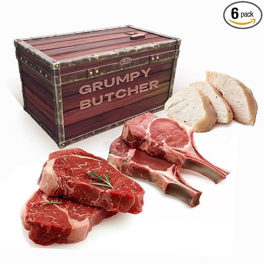 Grumpy Butcher Box Meat Food Gifts: 2 Top Sirloins Steaks (6 oz), 2 Duroc Bone in Pork Chops (14 oz) & 2 Large Fully-Cooked Chicken Breasts (14 oz each)