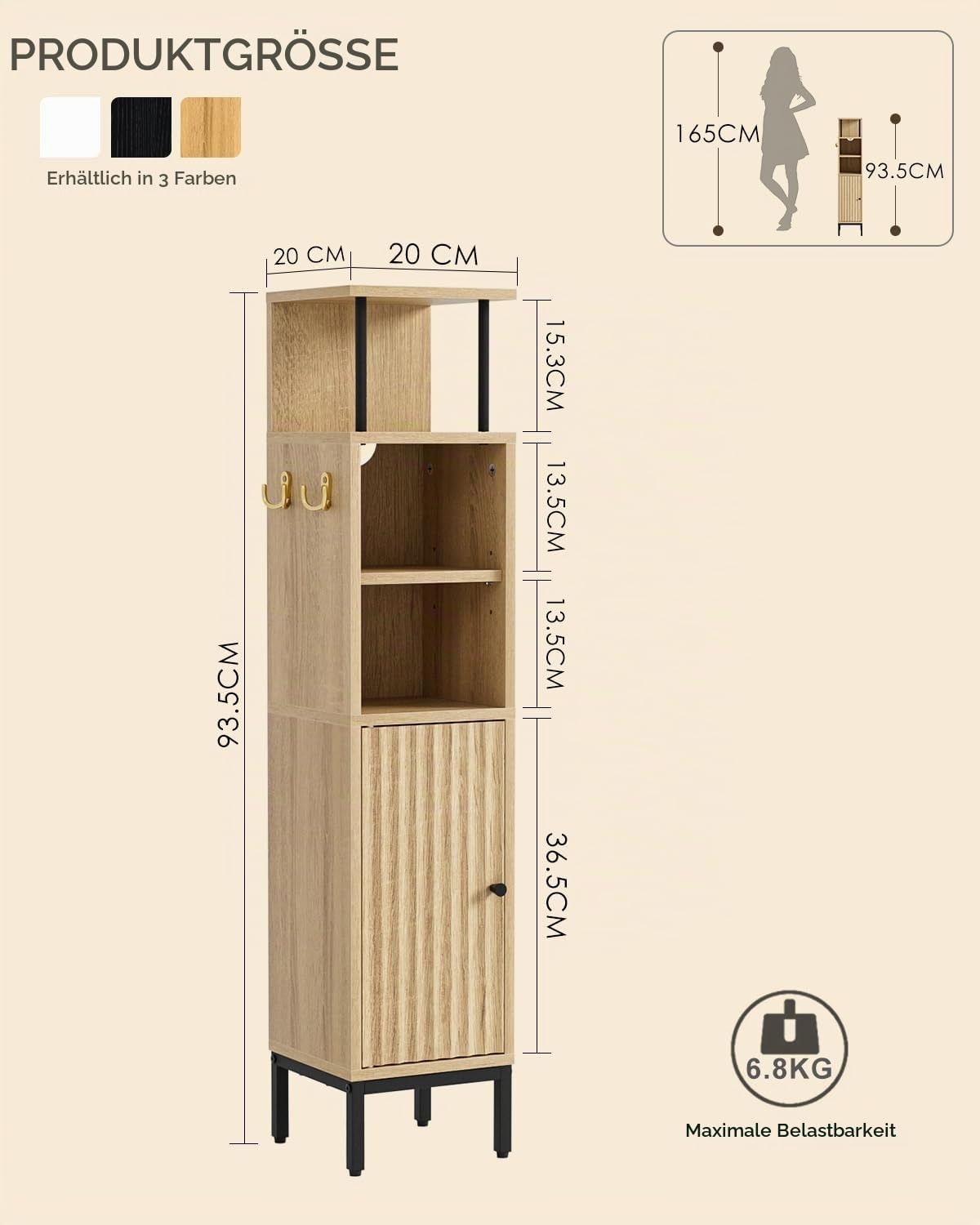 HEYZOEY hoher Badezimmerschrank, freistehender Bodenschrank, hoher Aufbewahrungsschrank mit Tür, schlanker Badezimmerspeicher für Badezimmer, Küche, Wohnzimmer, Schlafzimmer, Balkon oder Büro, Eiche