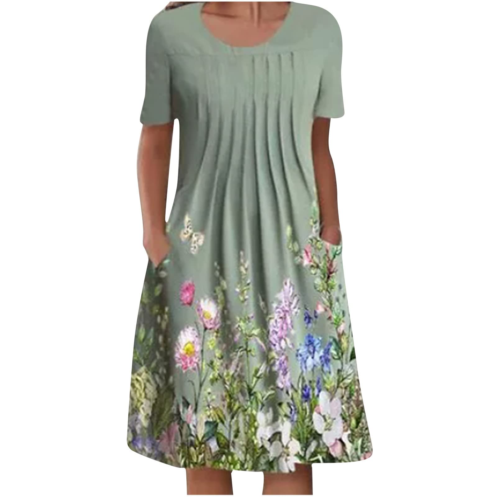 NUSGEAR 2024 Vestidos Largo para Mujer Vestido Manga Corta Elegante Primavera Verano Impresión Floral Bolsillos Casual Vestidos Cuello Redondo Fiesta Moda Playa Suelto Vestido de Noche Vacaciones