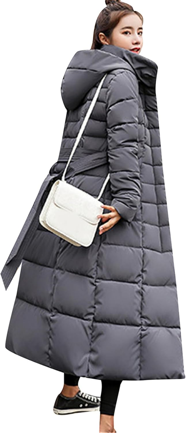 Women's Long Down Winter Coat with Faux Fur Hood Pockets Maxi Length Parka Warm Puffer Jacket