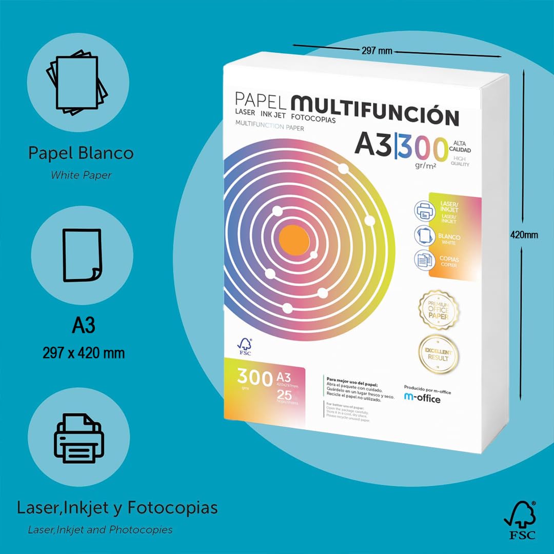 Fogli A3 300g 100 fogli, Carta Multiuso per Stampante Laser e a Getto d'Inchiostro, Fotocopiatrice, per Ufficio e Materiale Scolastico, Confezione m-office (100 Fogli 300g)