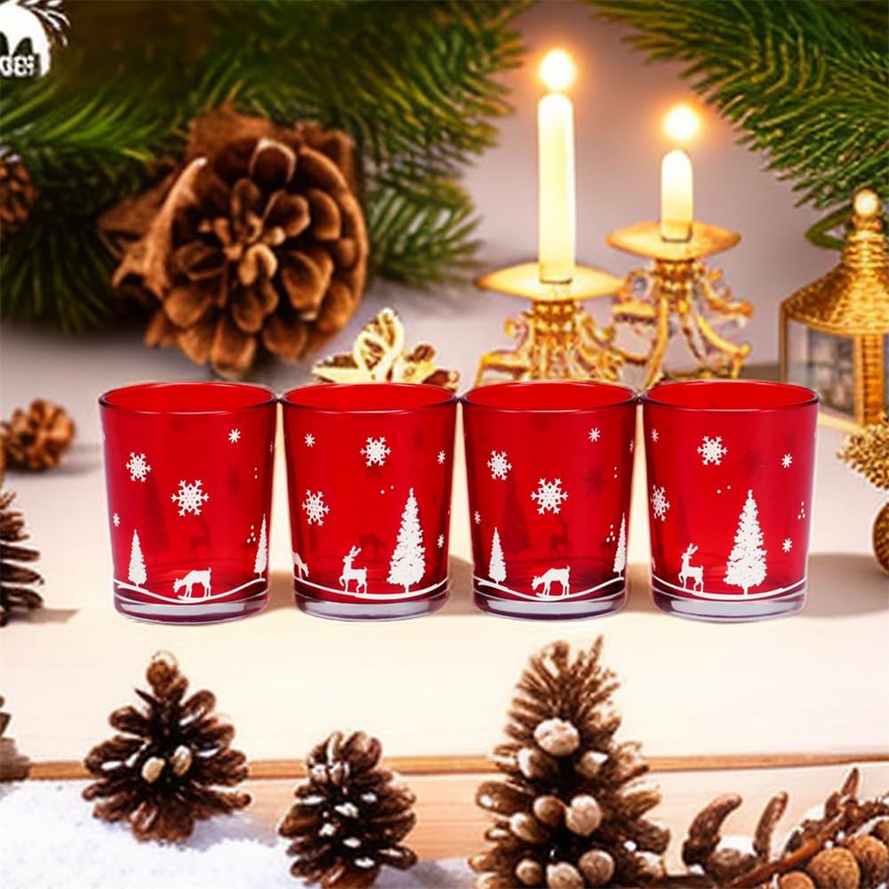 Hiseng Portavelas Cristal Roja Decorativas Navideña, Portavelas Velas de Té con Diseño de Alce árbol de Navidad, Porta Velas Vidrio para Decoración Hogar, Bodas, Fiestas (Juego de 12,Rojo)
