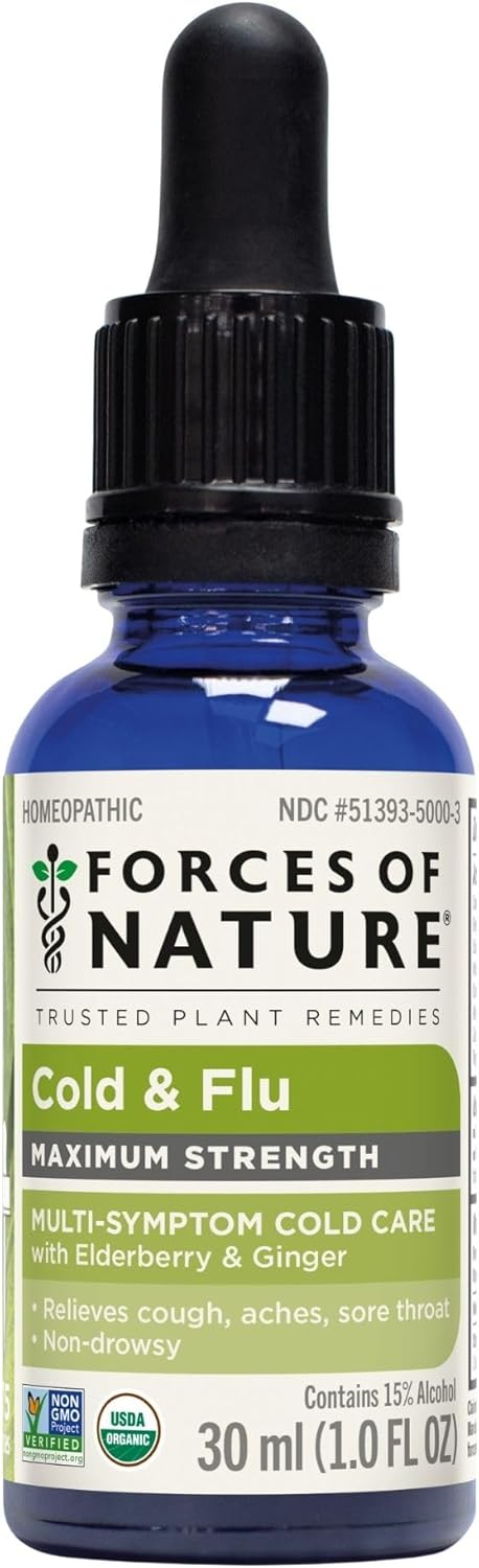 Forces of Nature Cold & Cough Relief, Organic Homeopathic Medicine for Cough, Congestion, Body Aches, Headache, Chills & Fatigue, Maximum Strength, Non-Drowsy Formula, 1 Fl Oz