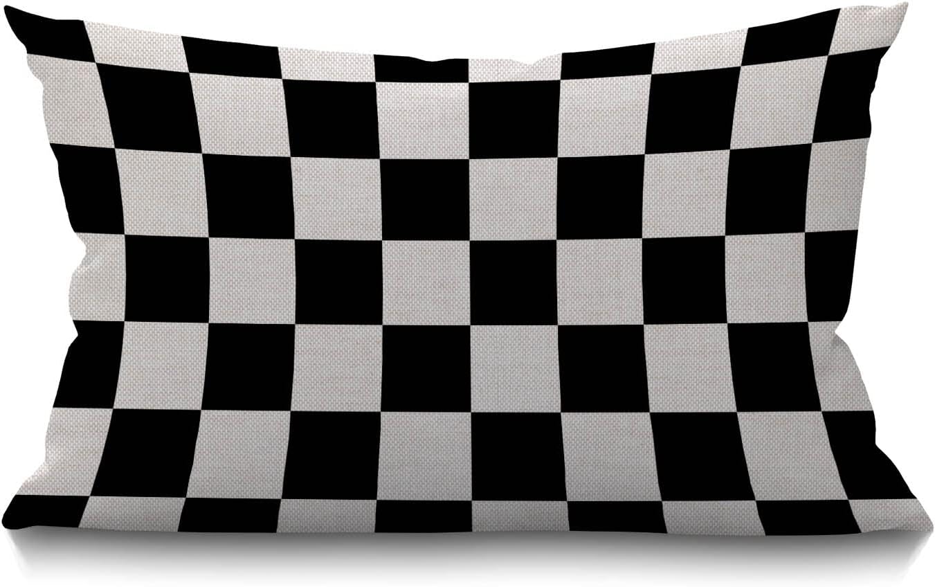 Checkerboard Decorative Cushion Cover Geometric Checkered Plaid Pattern Black and White Cotton Linen Pillow Cases Oblong Rectangle Throw Pillow Cover Case for Couch Sofa Bed 12x20 Inch 30 x 50 cm