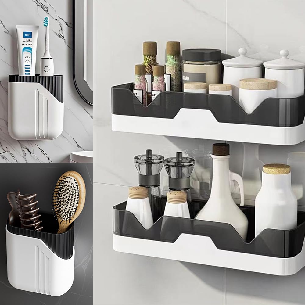 MRPAPA Wall Mount Shower Caddy Toothbrush Holder Adhesive Bathroom Kitchen Shelf for Toothbrush Utensils Razors Remote Control