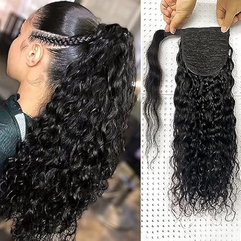 Alisfeel Brazilian Natural Wave Ponytail Extensions Human Hair 9A Grade Magic Paste Water Wavy Clip In Hairpiece for Black Women Corn Wave Wrap Around Ponytail Human Hair Extension (20 Inch) Cover