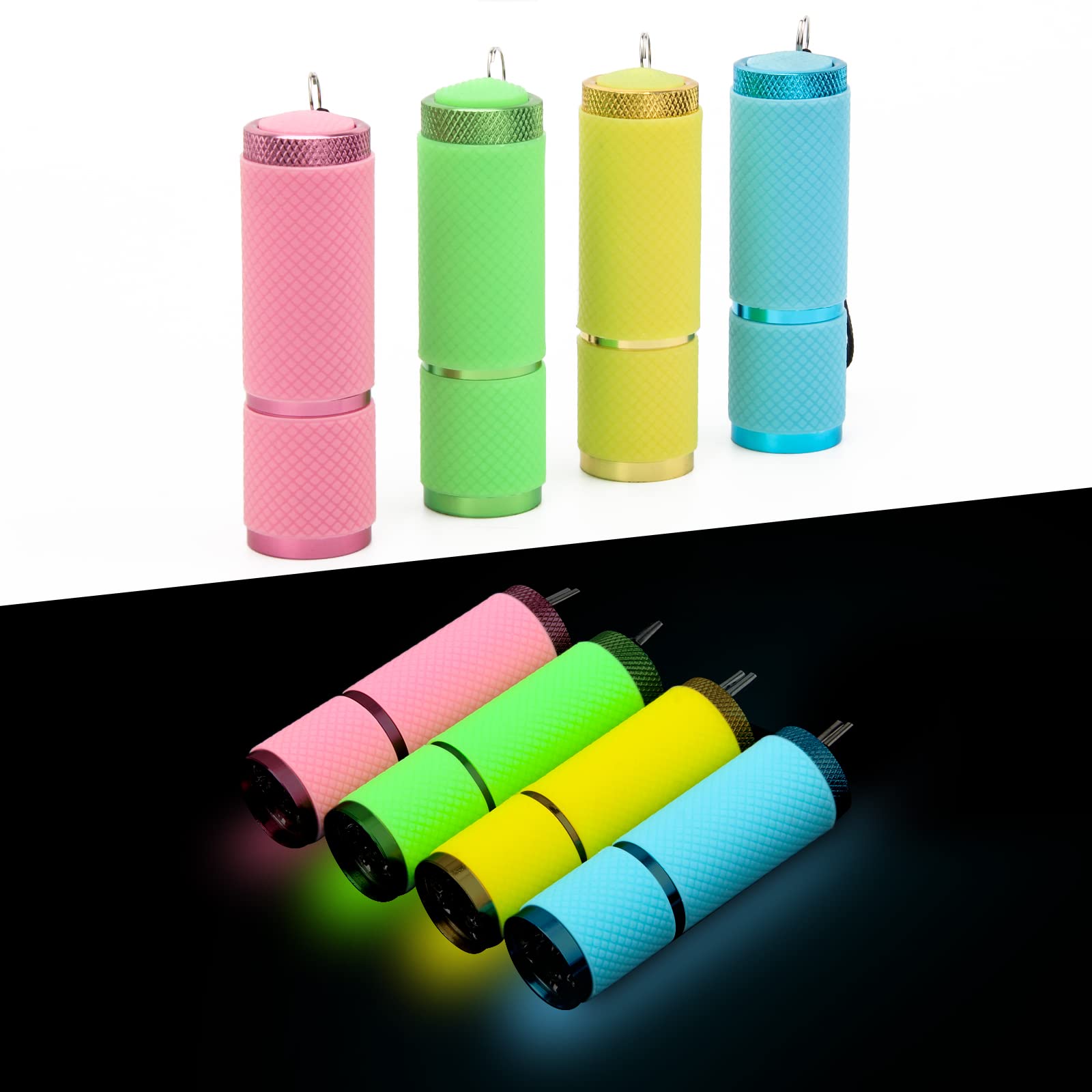 AHIERAdecco LLC 9 LED Glow in Dark Flashlights, 4 Pack Rubber Coated Flashlights with Straps, Portable Handy Lights for Camping, Hiking, Indoor, Assorted Colors (8)