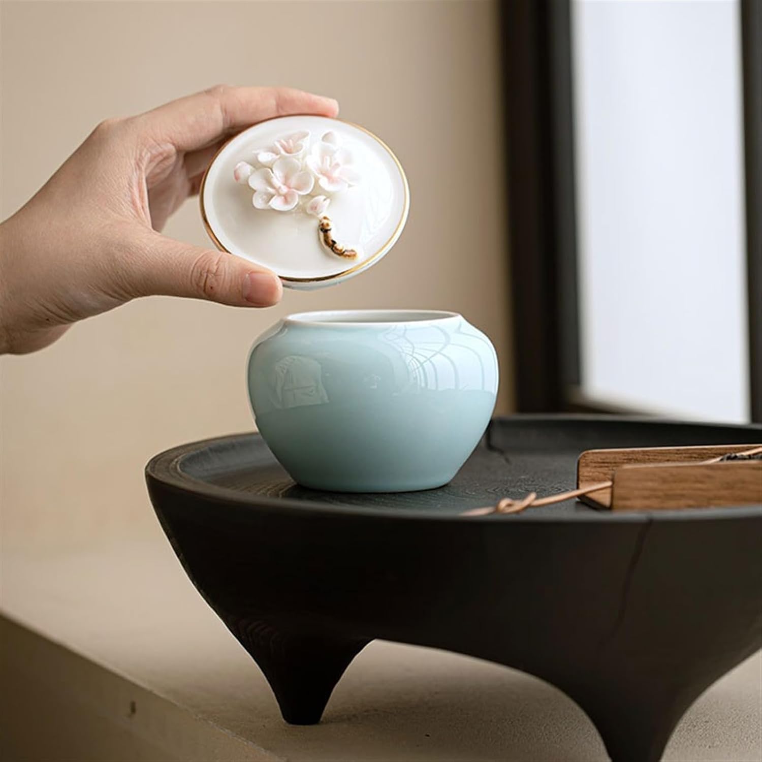 茶筒 手作りピンチフラワーブルーセラミック茶筒カンフー茶セット家庭用多機能シールジャー茶筒 茶保存瓶