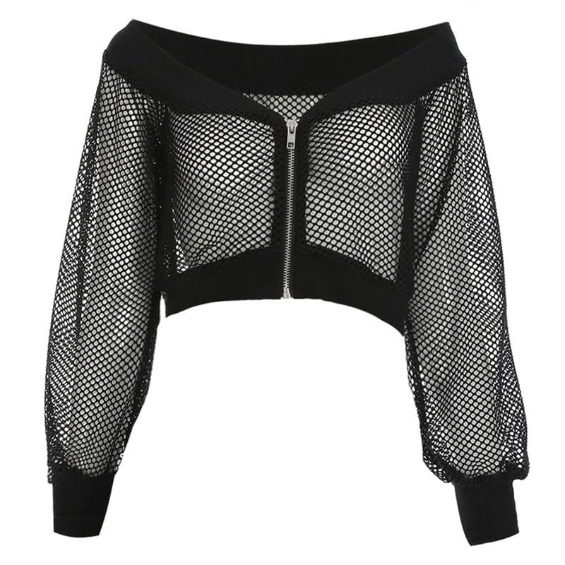2 pc collection Long Sleeve Zip up Fishnet Mesh Bomber Jacket for women-picture-45