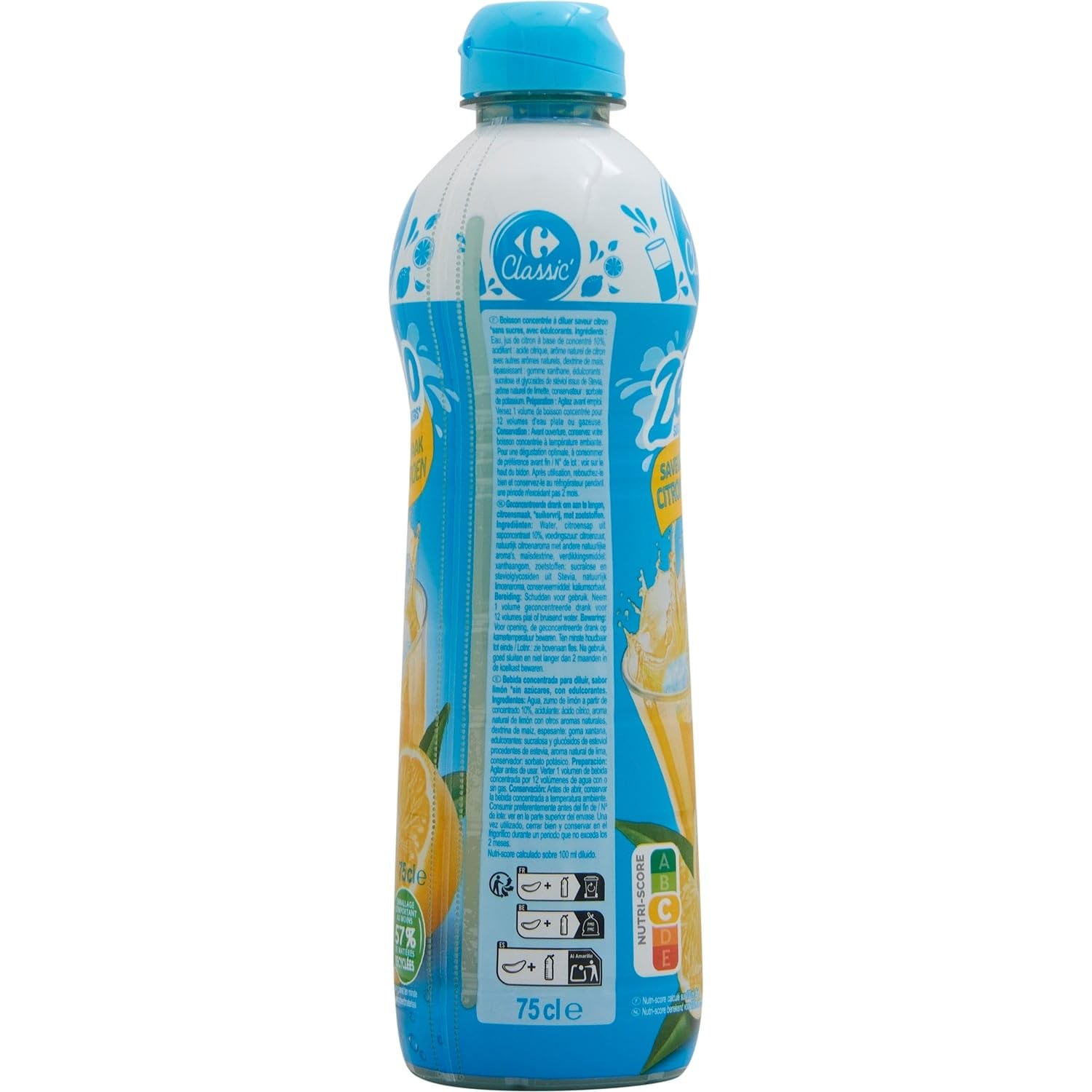 Saveur citron sans sucre — CARREFOUR CLASSIC' — Sirop citron zéro sucres, bouteille de 75cL - Lot de 4