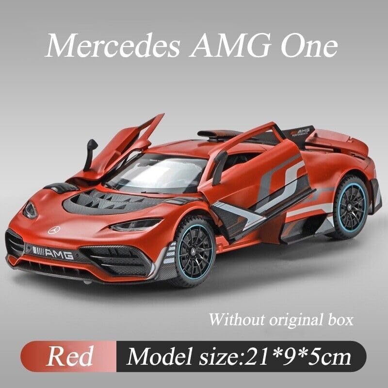 Image of 1:24 AMG ONE Diecast Metal Car Pull Back Alloy Model Toy with Openable Doors Lights & Sound Realistic Collectible Supercar Gift for Kids Boys & Car Enthusiasts (Red)