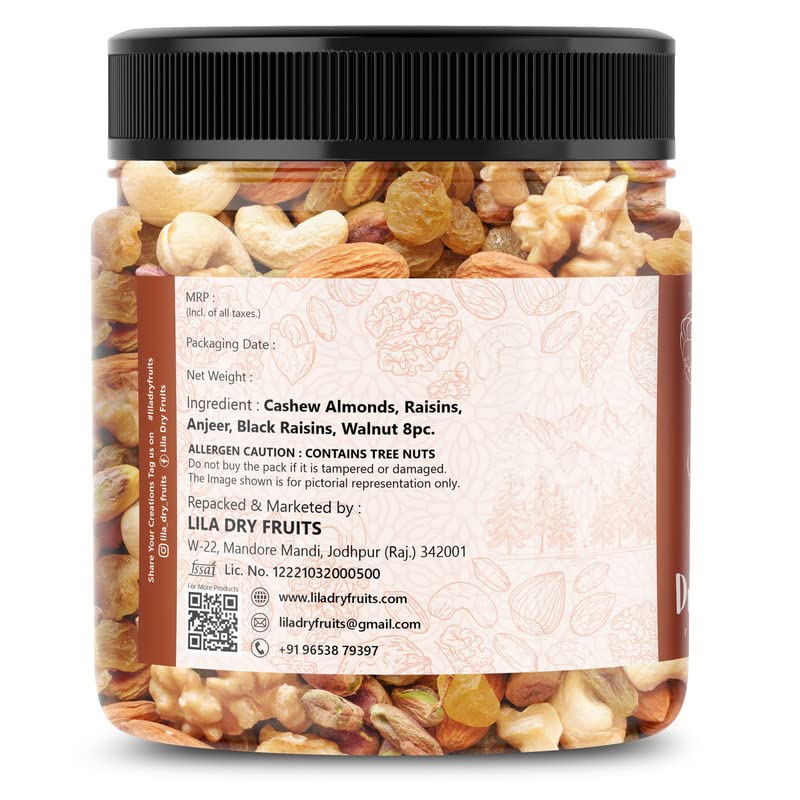 Image of LILA DRY FRUITS Natural Premium Dry Fruits Mix(Cashew, Almonds, Figs, Walnut 8 pcs, Black and Golden Raisins) 100g Jar Pack | Badam Giri, Kaju, Black & Golden Kishmish, Anjeer, Akhrot
