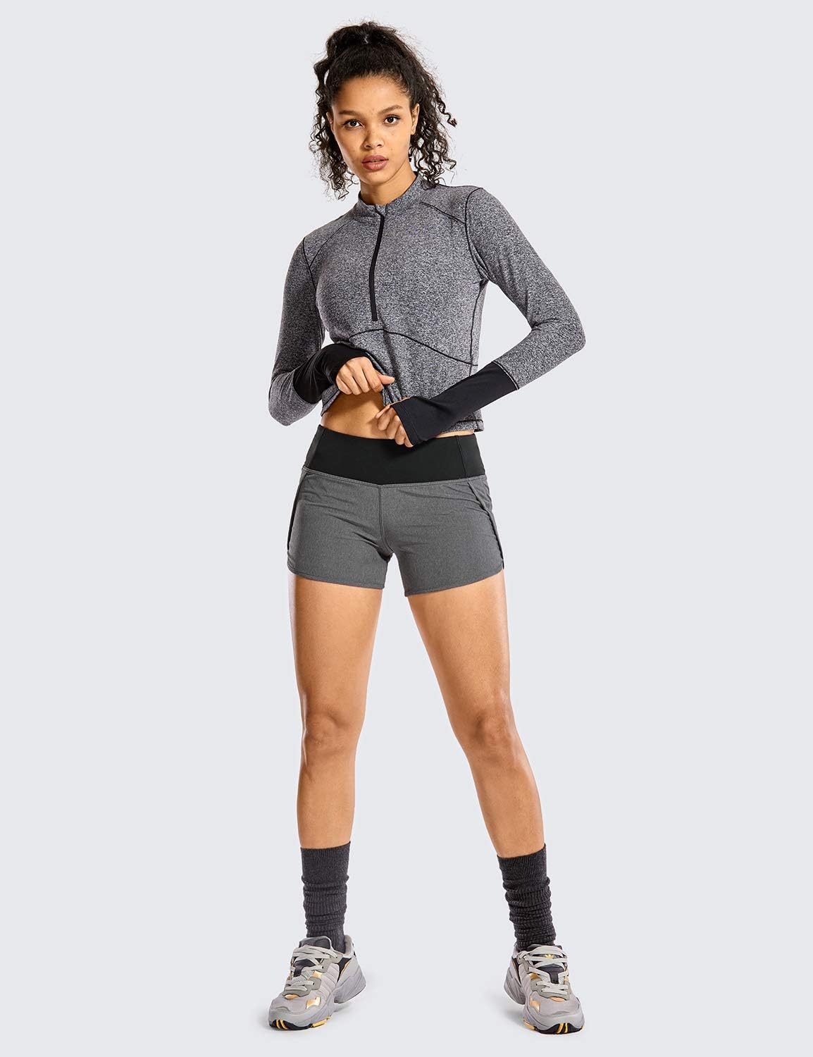 CRZ YOGA Mid Waisted Running Shorts for Women - 4'' Liner Gym Athletic Workout Shorts with Pockets Soft Lightweight Heathered Black X-Small