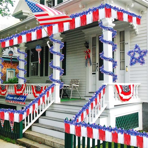 Image of Meonum 10 Pcs 4th of July Parade Float Decorations, American Flag Float Fringes and Patriotic Tinsel Garlands, Red White Blue Garland for Independence Day Memorial Day Decoration (American Flag)