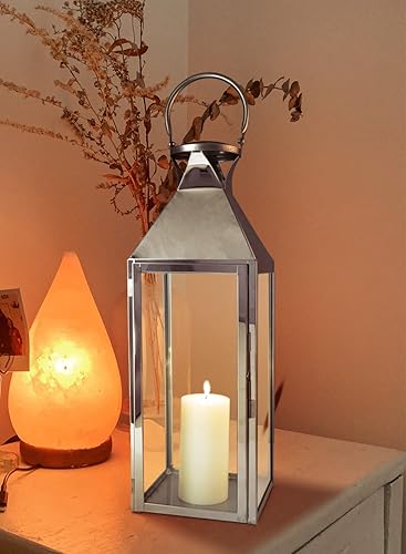 Miniatura 3 de Serene Spaces Living Farol cuadrado grande de cristal y metal, moderno portavelas de acero inoxidable con parte superior de corona, pasillo de boda,