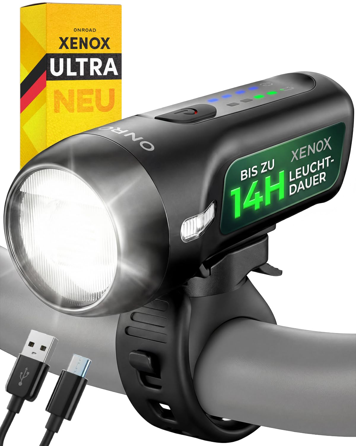 LED Fahrradlicht Vorne mit automatischer Lichtanpassung & 14h Akkulaufzeit – XENOX Fahrrad Licht 200m Sichtweite und 70 Lux für klare Sicht, USB-C aufladbar, StVZO zugelassen, werkzeuglose Montage