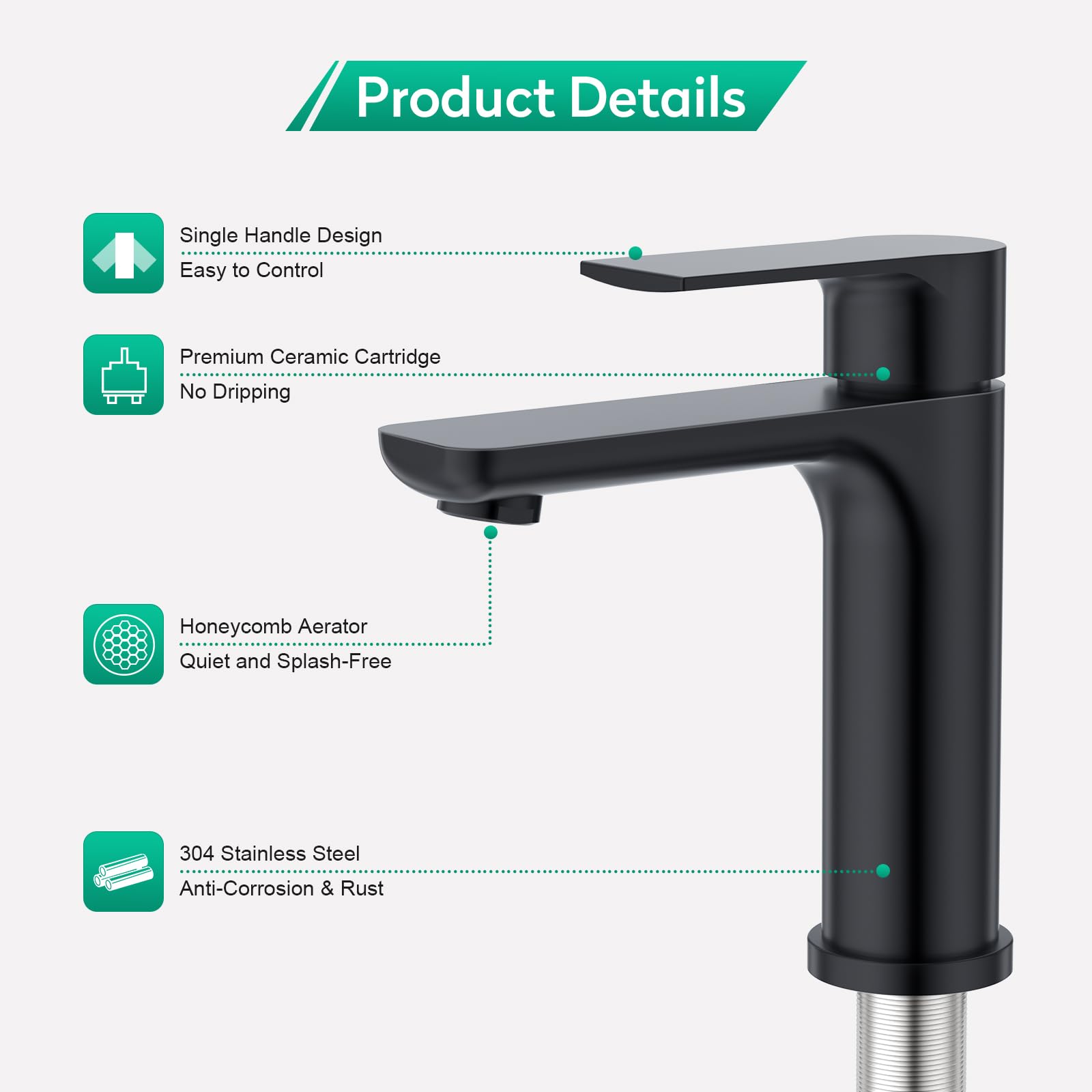 CREA Grifo de baño, grifo de lavabo con desagüe, grifo mezclador de ahorro de agua, grifo de alta presión para baño, monomando, color negro mate