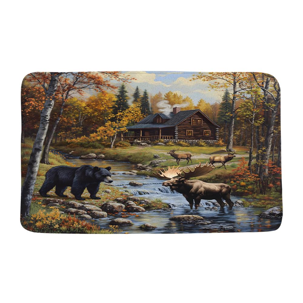 VPUPCN Cabin Bear Moose Bath Mat Fall Forest Wild Animal Deer Farmhouse Lodge Lake Country Hunting Camping Microfiber Memory Foam Bathroom Rug Doormat