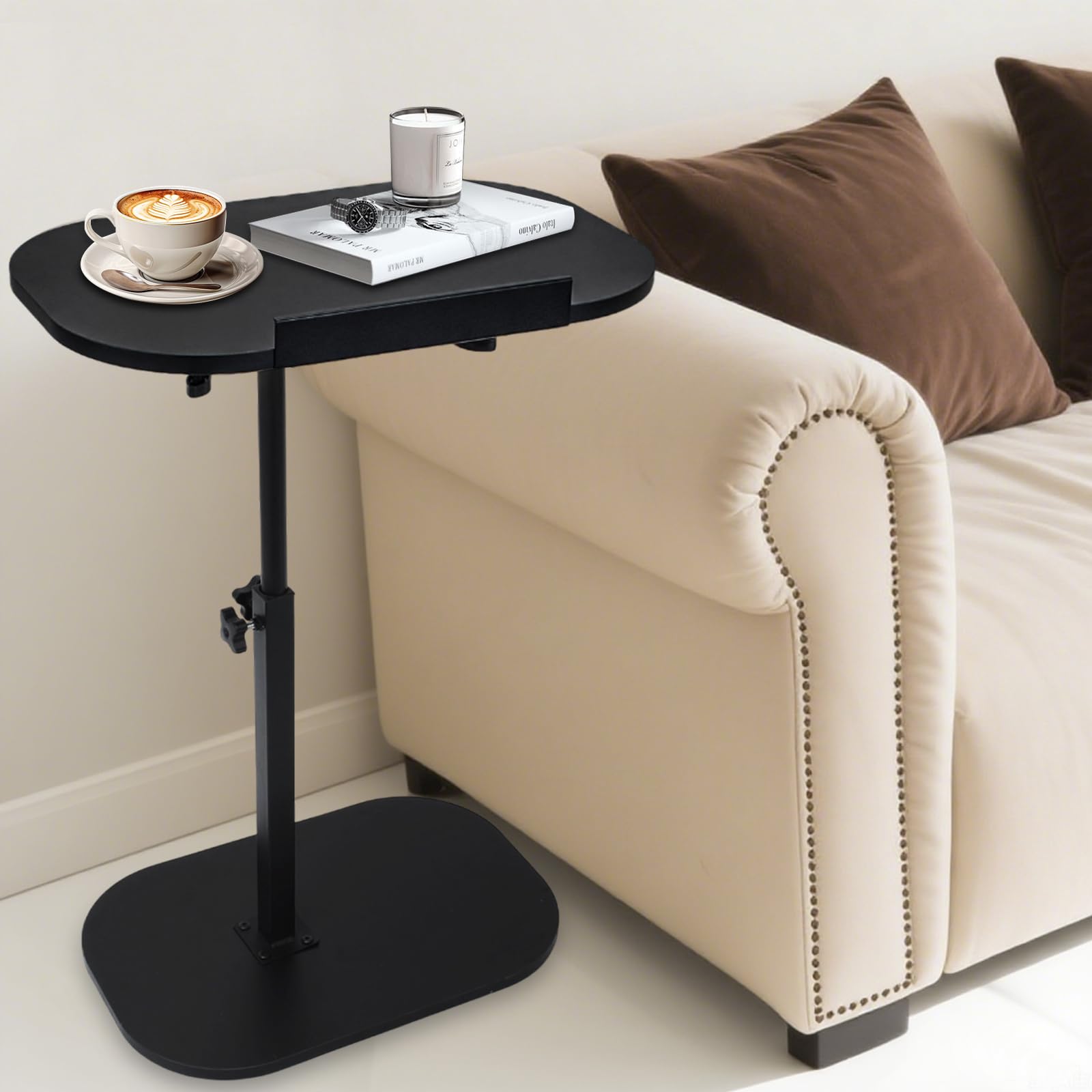 kiss me Large Adjustable Height C Shaped Side Table,360°Swivel Lifting Laptop Desk for Living Room, Bedside, Nursing, Couch,with Detachable Baffle Couch Side Tables,Modern under sofa table (Black)