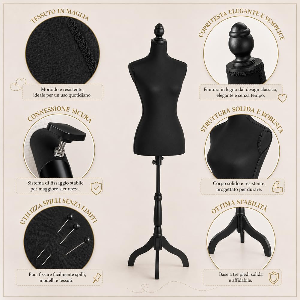 Manichino Busto Sartoriale Femminile Da Sarta Per Capi Di Sartoria Abbigliamento Tailleur Torso Da Donna Altezza Regolabile Per Vetrine Con Treppiede Struttura In Legno 42 x 170cm (Total Black)