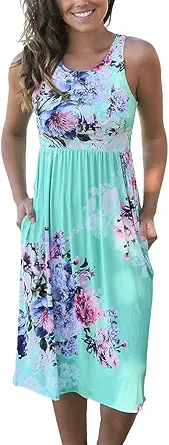 Supnier Women Summer Sleeveless Floral Print Racerback Midi Sun Dresses with Pocket