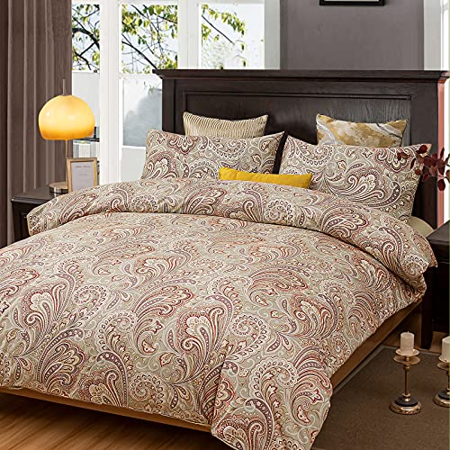 VM VOUGEMARKET Bohemian Damask Duvet Cover Queen,3 Pieces Boho Paisley Bedding Set,Silky Lightweight Egyptian Cotton Duvet Cover with Button Closure-Queen,Gold