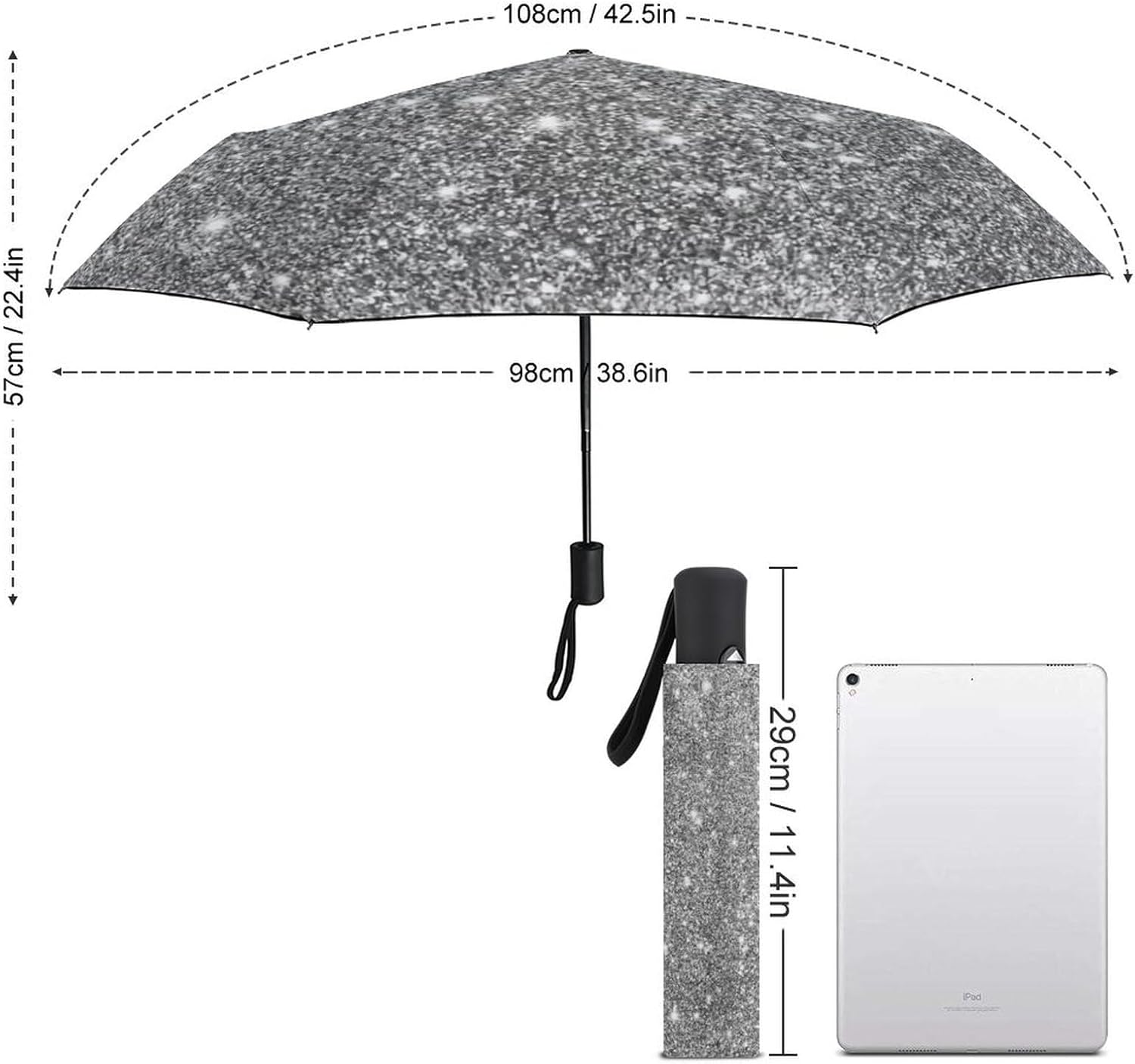 Silver Glitter Sparkles Travel Umbrella Compact, Automatic Umbrellas for Rain, Umbrellas for Rain Windproof