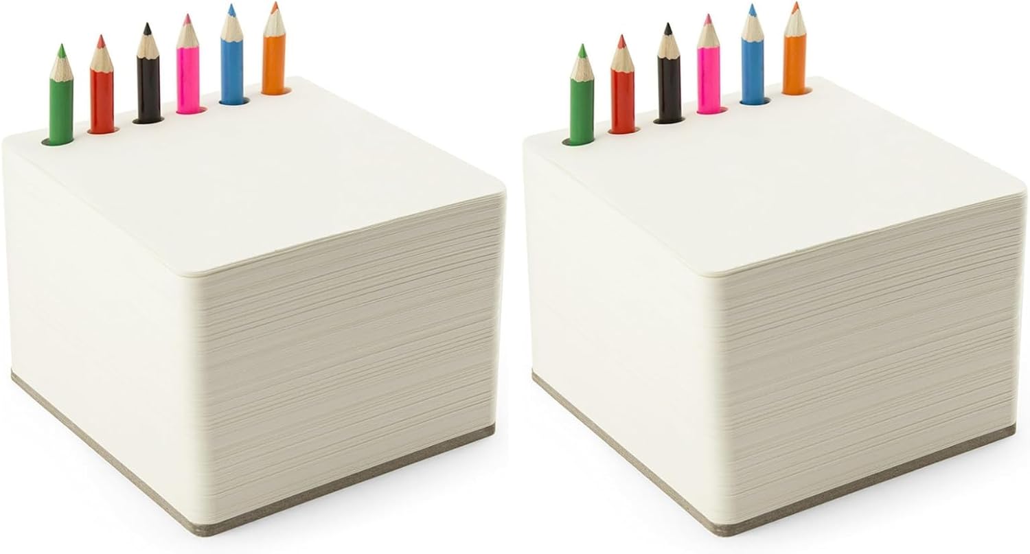 Three by Three Seattle Jotblock 4.75 x 4.25 Inch Sketchpad with 6 Colored Pencils for Memos, Notes, Drawings, Letters, and More in Office Desks, Classrooms, or Home (550 Pages Each, 2 Pack)
