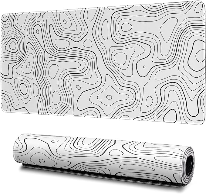 Topographic Contour Gaming Mouse Pad XL Geographic Map Lines Extended Big Large Desk Mat Non-Slip Rubber Base Stitched Edge Long Keyboard Mousepad for PC Computer Laptop,31.5x11.8 Inch (White)