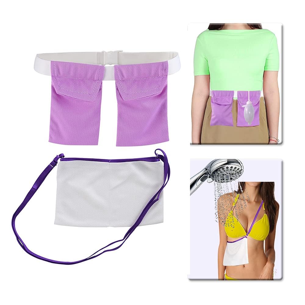 Mastectomy Drain Holder After Tummy Tuck Surgery Recovery Drainage Pouch Adjustable Drain Belt Shower Pockets with Lanyard for Breast Augmentation &amp; Reduction Recovery Supplies (Violet/White)
