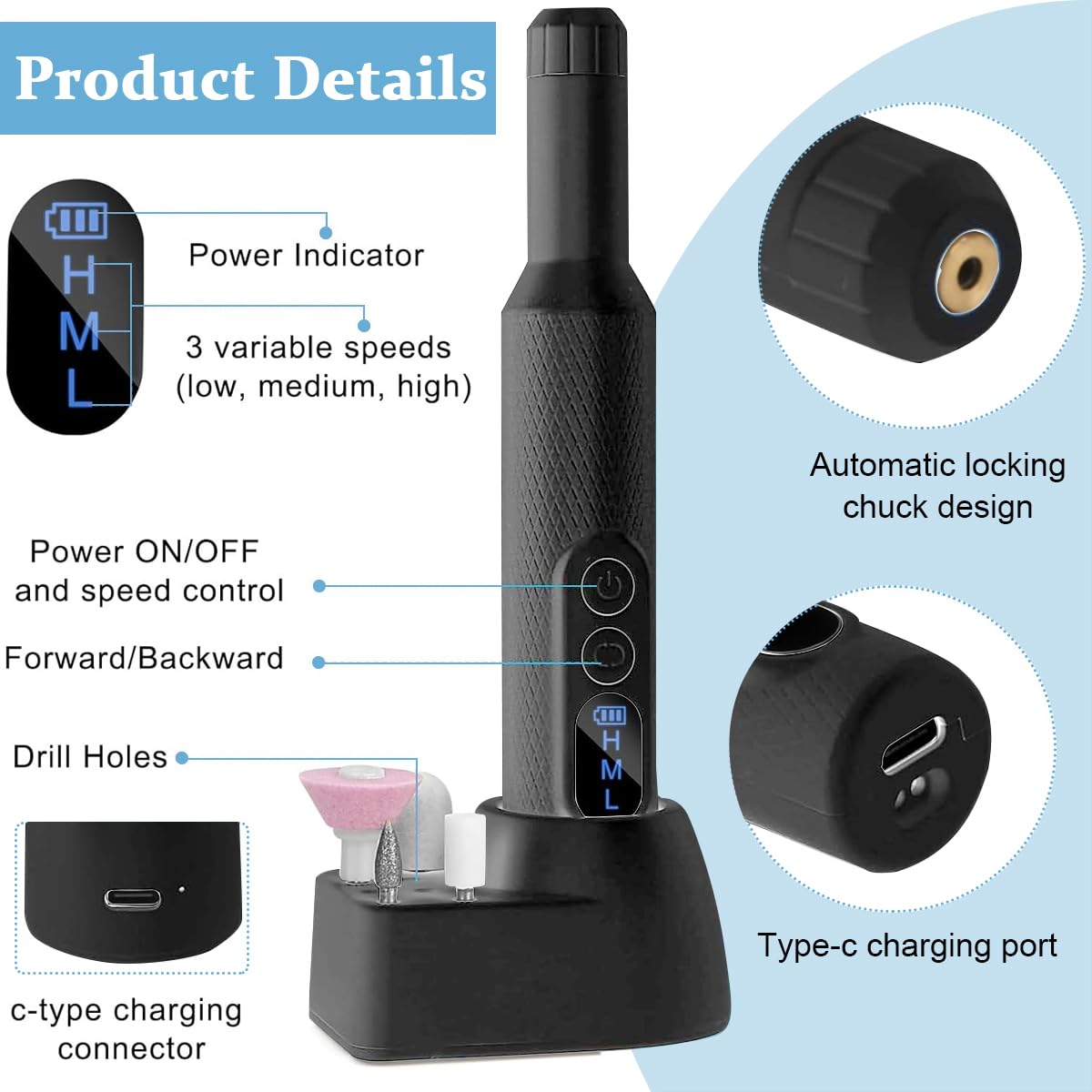 MAYCREATE Nail Drill Machine Cordless Adjustable Bit Set for Gel Extension 2