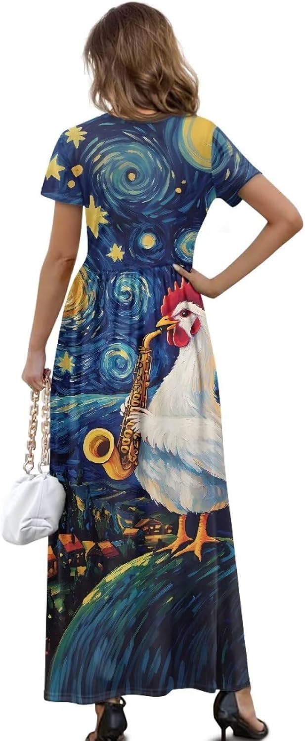 Women's Summer Short Sleeve Dress Casual Crew Neck Maxi Dresses with Pockets Flowy Vacation Beach Dress - Image 2