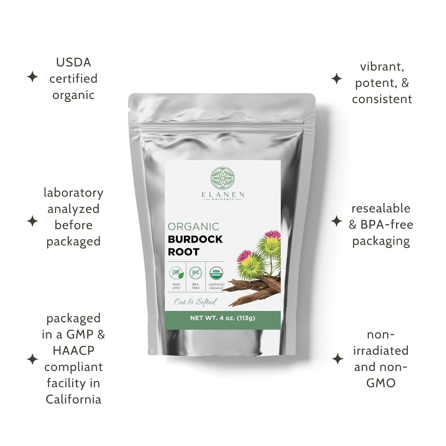 Organic Burdock Root 4 oz. (113g), USDA Certified Organic Burdock Root Herb Tea, Dried Bardana, Raiz De Bardana Tea, Cut & Sifted - Image 4