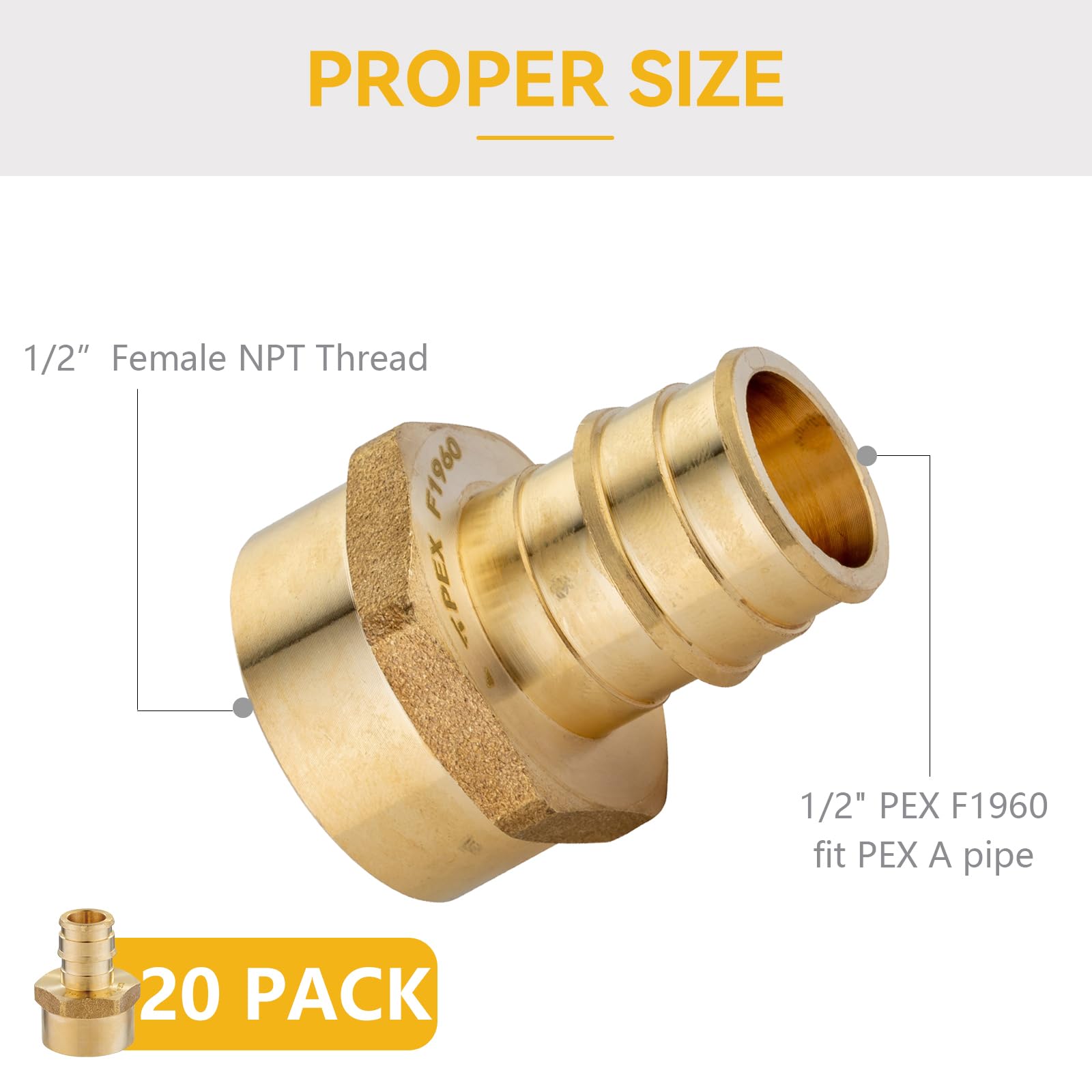 Paquete de 20 Accesorios PEX-A, expansión Hembra NPT de 1/2" x 1/2", Rosca Hembra ASTM F1960 para tubería PEX A (PEX1960026-20Pack)