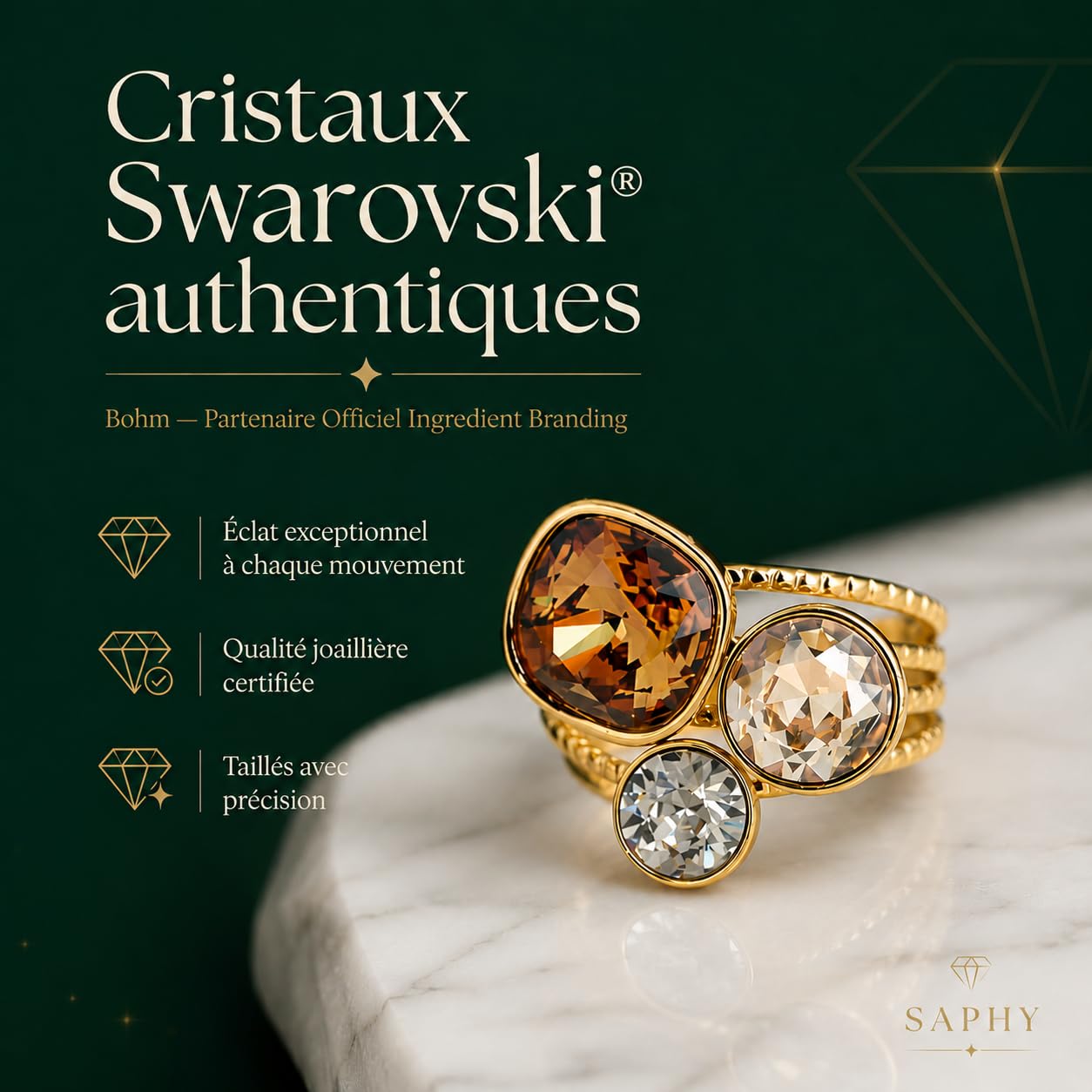 SAPHY Bague femme Cristaux Autrichiens - Acier inoxydable doré - Ajustable - Écrin cadeau - Idée Cadeau Femme