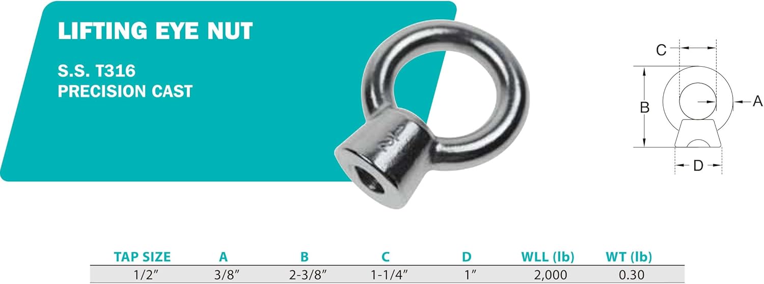 Set of 4 PC 1/2" SS316 Lifting Eye Nut Boat Marine with 2,000 Lbs Capacity UNC Tap