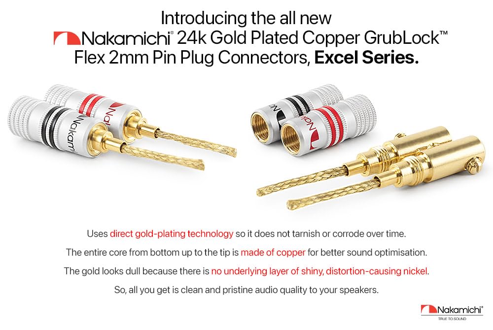 Nakamichi GrubLock Excel Series 24k pozłacane elastyczne wtyki pinowe 2 mm do przewodów 10 AWG - 18 AWG, do zacisków sprężynowych, głośników i wzmacniaczy Hi-Fi, złącze śrubowe, 16 szt. (8 par)