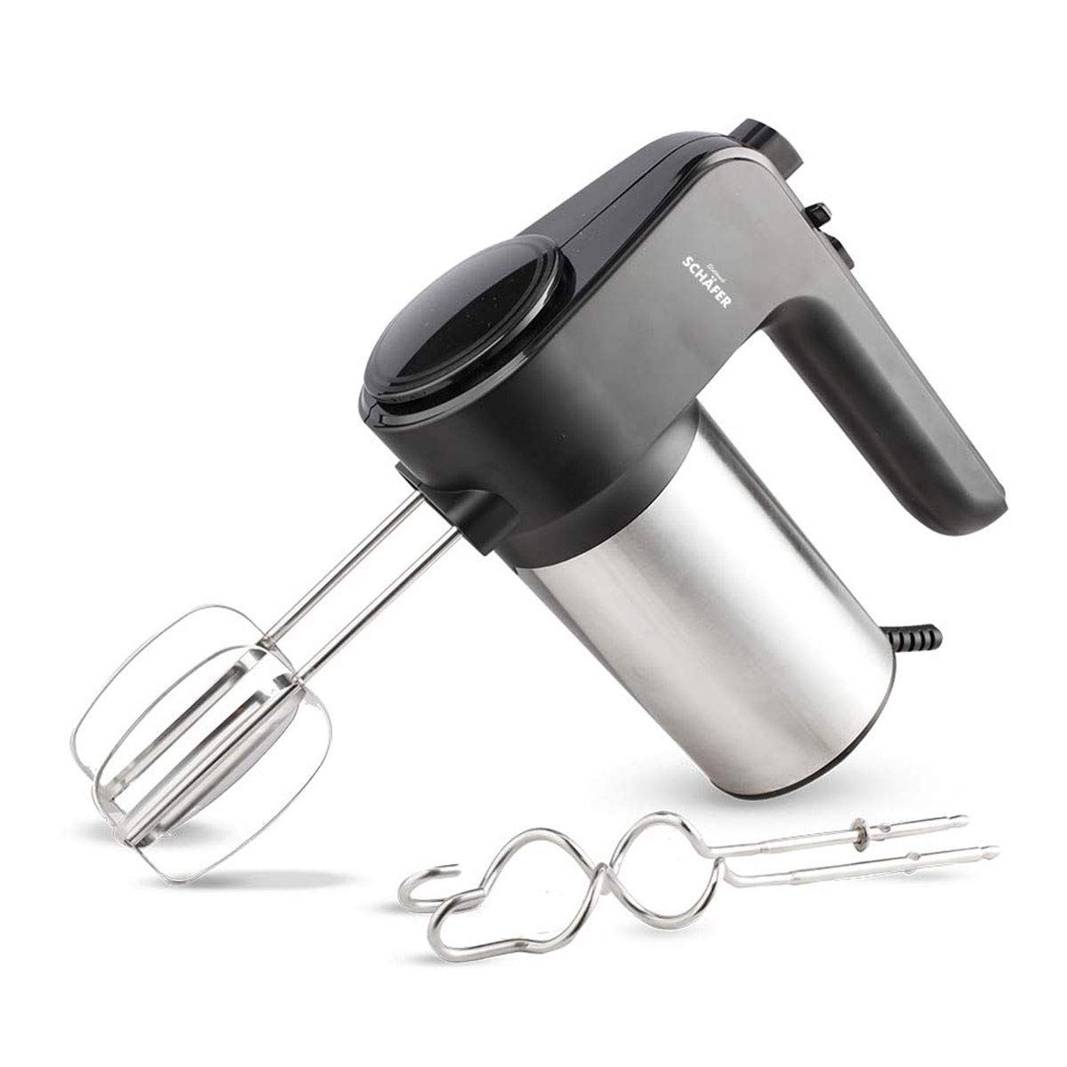 Schäfer 400 Watt Handmixer - Handrührgerät mit 6 Geschwindigkeitsstufen plus Turbo-Taste + 2 Knethaken + 2 Schneebesen aus Edelstahl