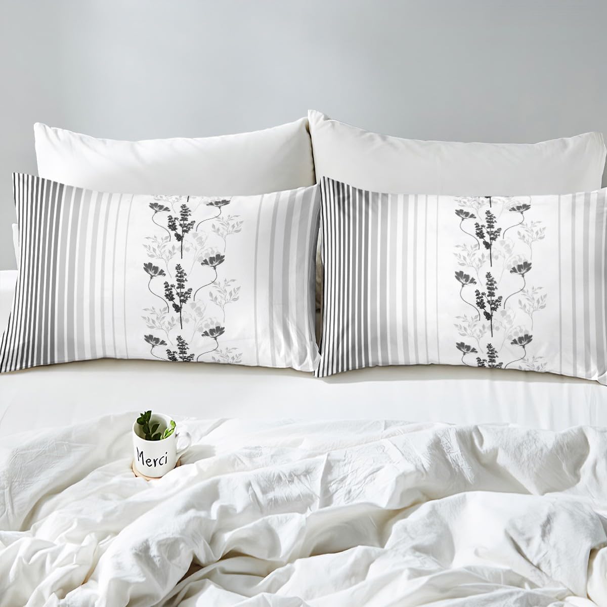 jejeloiu Boys Girls Vintage Floral Comforter Cover Toddler Size, Ombre Stripes Bedding Set Rose Duvet Cover Kids Gray Teens Bedroom Decor Bed Set with 1 Pillow Case (No Comforter)