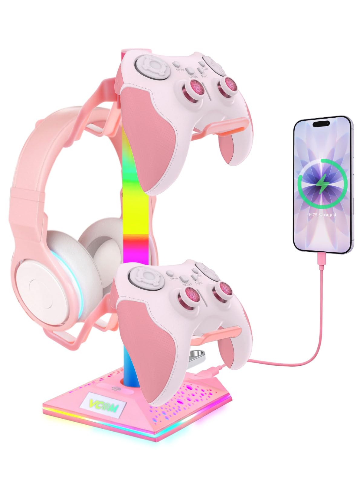 VCOM RGB Gaming Headphones Stand with 2 USB Ports Pink Headset Stand with 10 Light Modes and Non-Slip