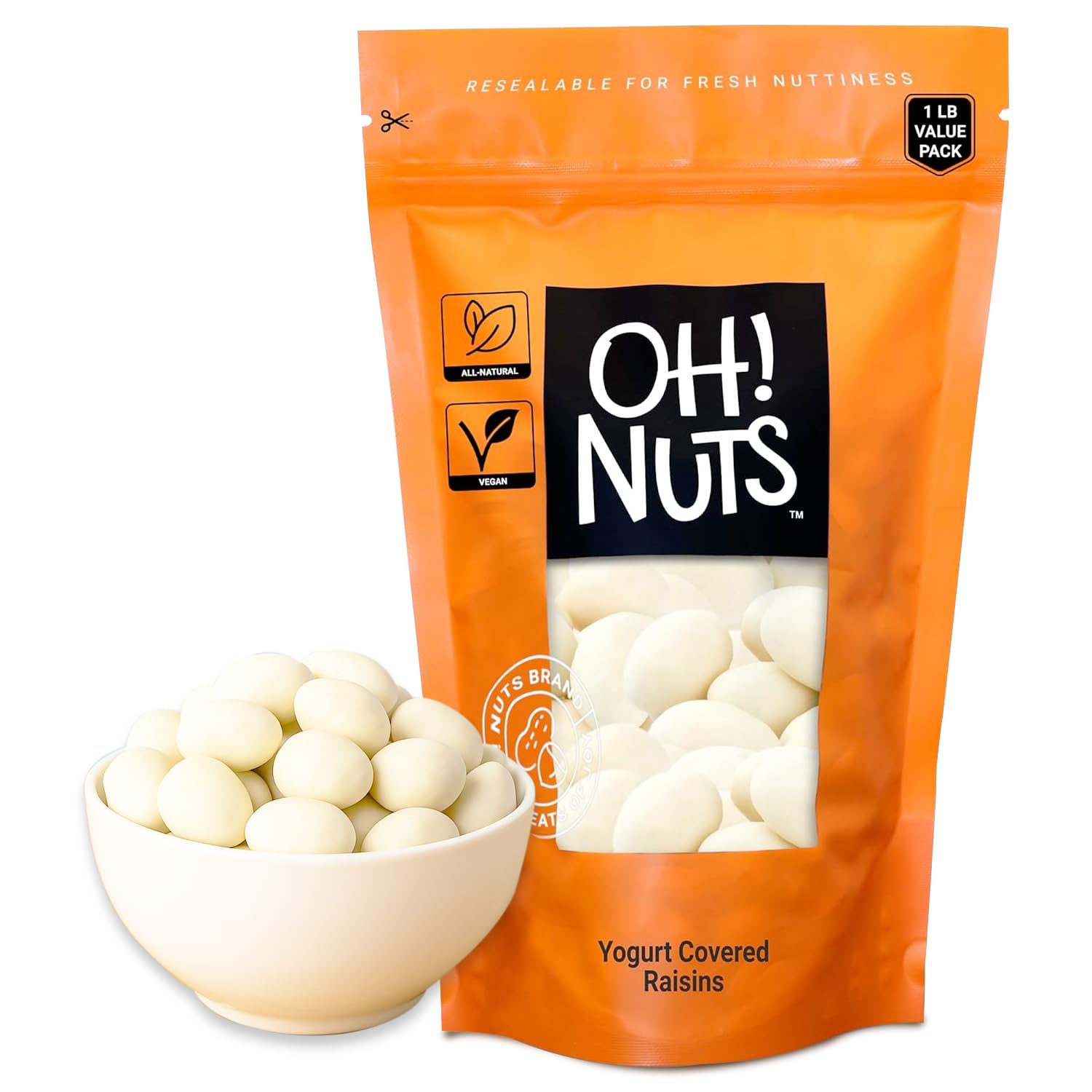 Oh! Nuts Yogurt Covered Raisins - 200pcs/1lb - Sweetened Dehydrated Creamy Yogurt Fruit Bites - Packed in New York Zip-Seal Bag for Exceptional Freshness