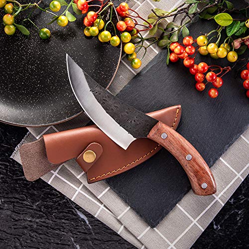 Promithi Japanese High Carbon Steel Forging Handmade Kitchen Chef Knife with Sheath, Used for Cleaver Butcher Chopper Boning, Documas Plaid,Wooden Handle (brown)