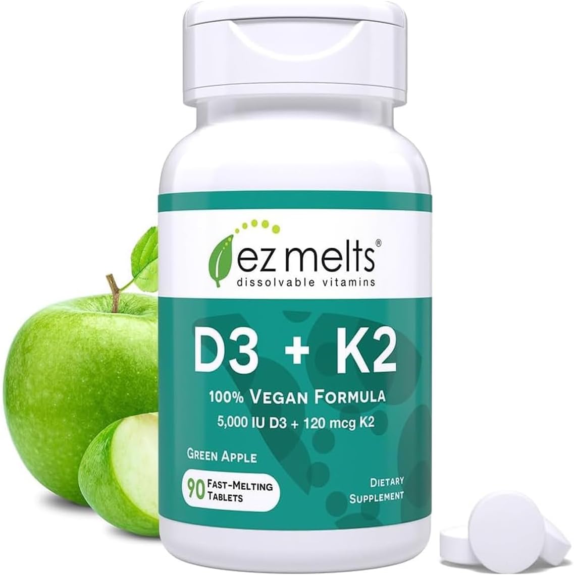 EZ Melts Dissolvable Vegan Vitamin D3 + K2 5,000 IU - Bone & Heart Health Support - Immune Function Support - No Artificial Flavors - Non-GMO - Green Apple - 90 Dissolvable Tablets (90 Servings)